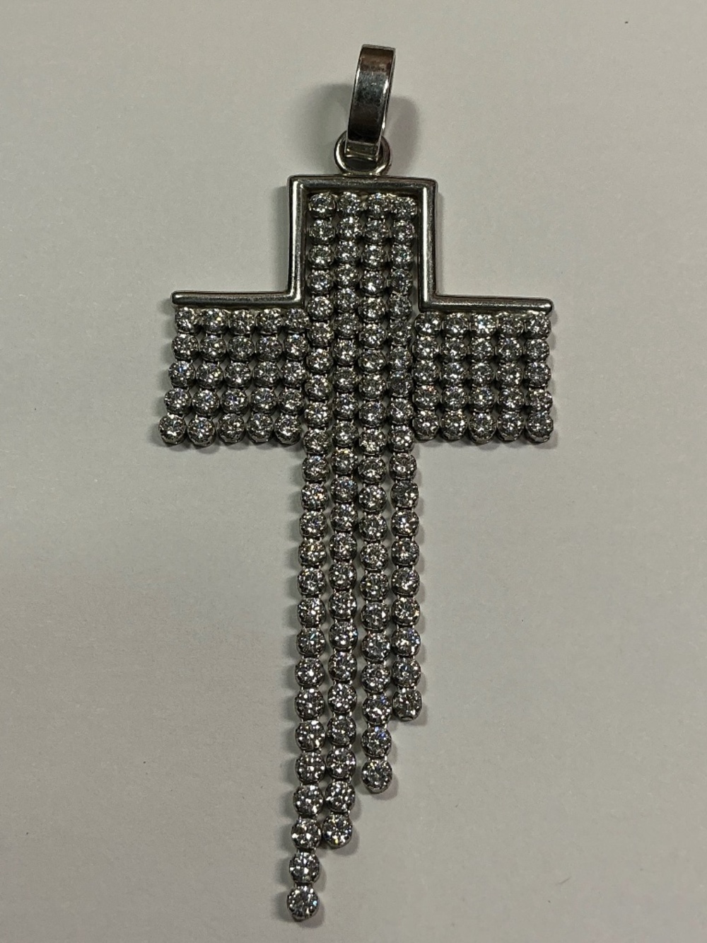 Silver Rhinestone Cross Pendant Necklace with Draped Tassels